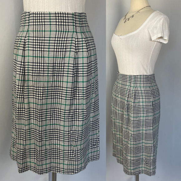 Vintage Dresses & Skirts - Vintage Midi Skirt Size 12 Black White Green Houndstooth Preppy Academia 80s 90s